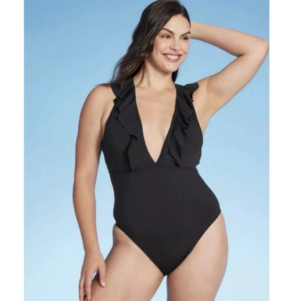 NEW Shade‎ & Shore Black One Piece Swimsuit Ruffle Plunge Backless Tie Minimal